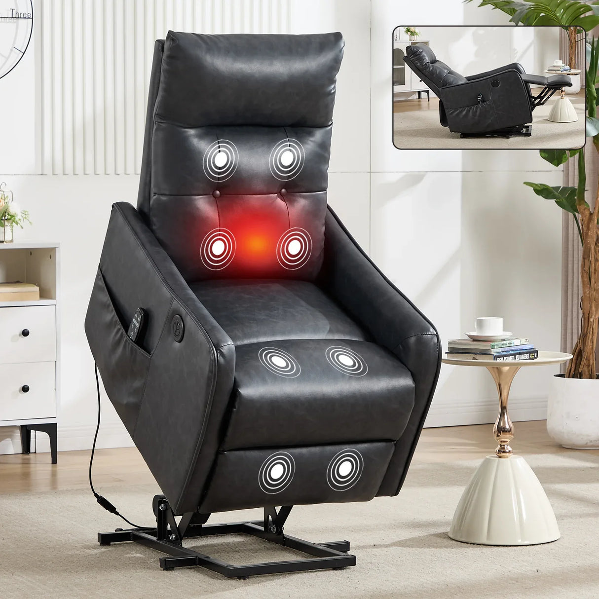 Medium-Firm Grey Faux Leather Power Lift Recliner Chair With Massage - Omega Lifestyles