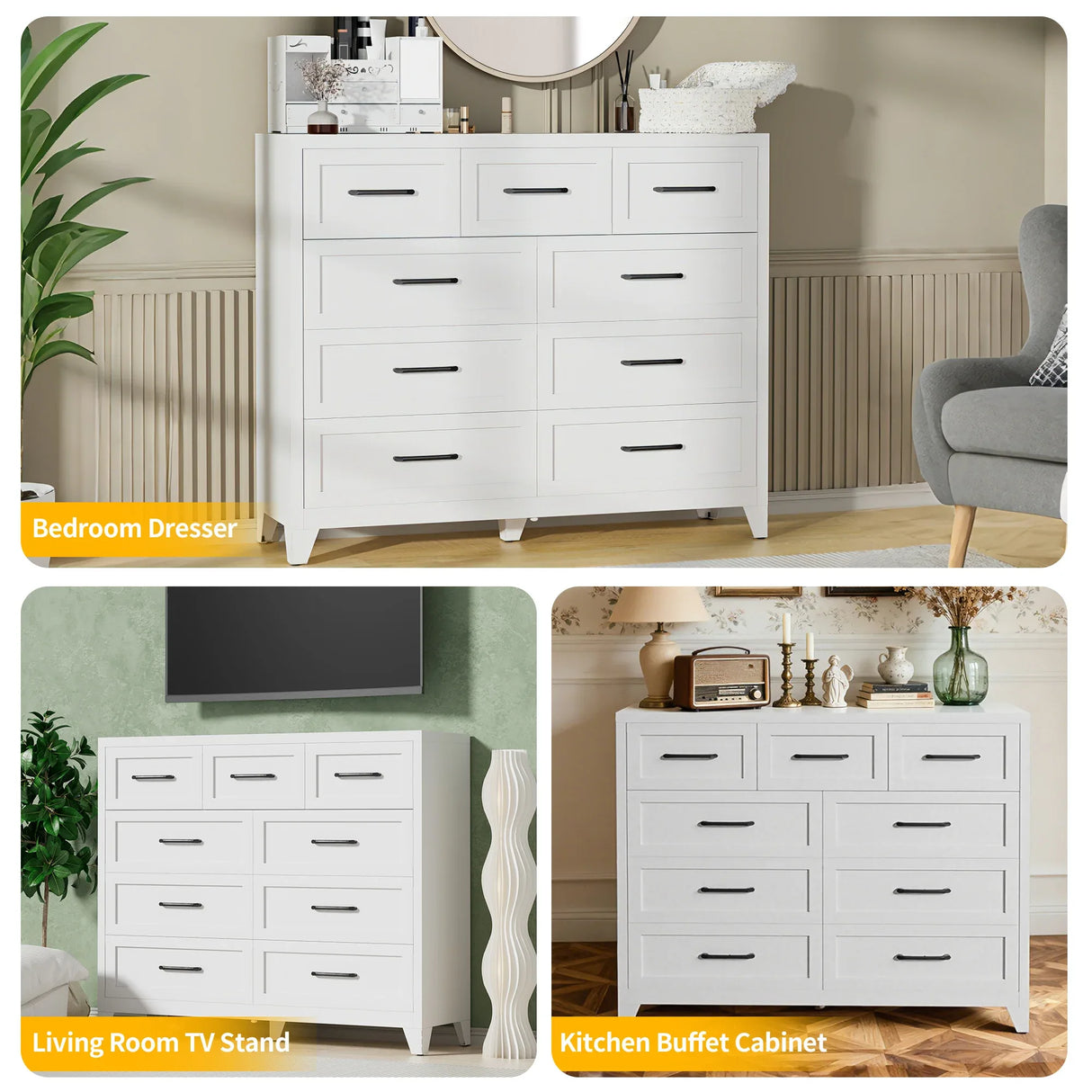 9-Drawer White Metal Tall Dresser With Smooth Drawers - Omega Lifestyles