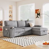 Gray Upholstered Sleeper Sofa With Storage And Cup Holders