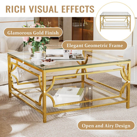 Square Tempered Glass Coffee Table With Gold Frame - Sleep Galleria