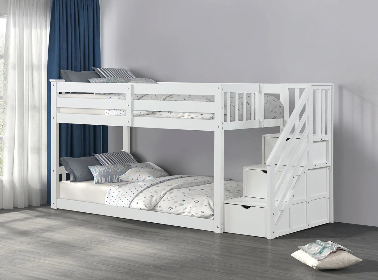 Transitional White Solid Pine Low Twin Over Twin Bunk Bed - Omega Lifestyles