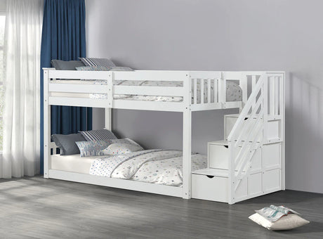 Transitional White Solid Pine Low Twin Over Twin Bunk Bed - Omega Lifestyles