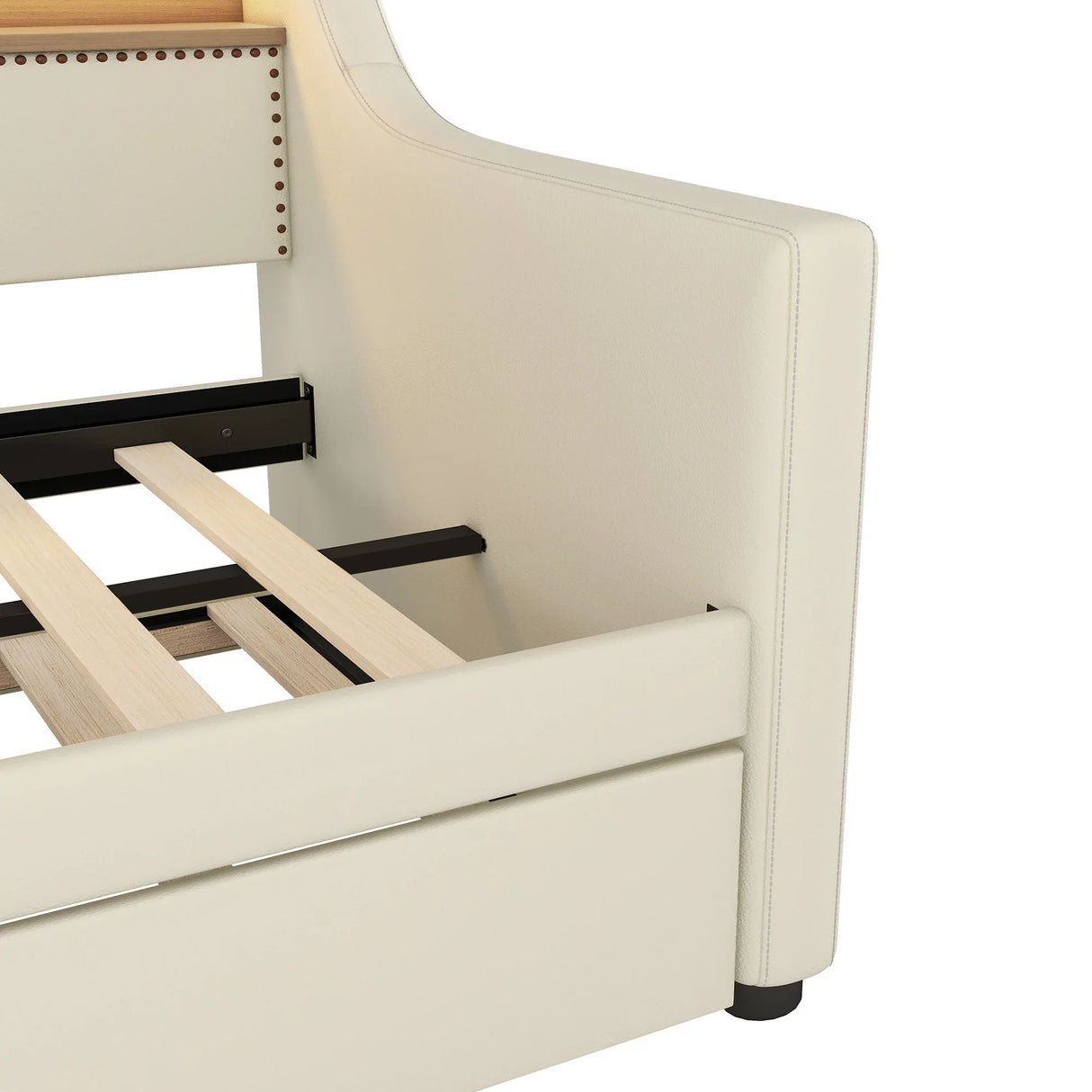 Twin PU Leather Daybed With Trundle Charging Station LED Light - Omega Lifestyles