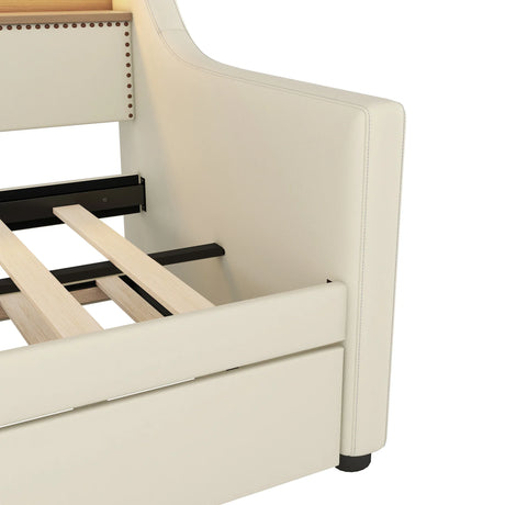 Twin PU Leather Daybed With Trundle Charging Station LED Light - Omega Lifestyles