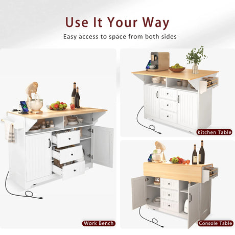Folding Kitchen Island Cart With Power Outlet and Storage - Omega Lifestyles