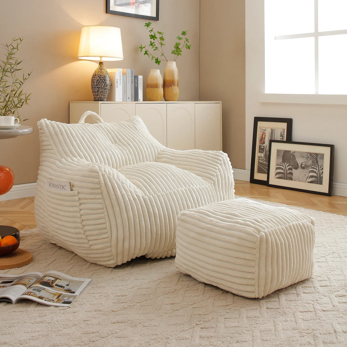 Giant Corduroy Bean Bag Chair With Armrests Footstool - Omega Lifestyles