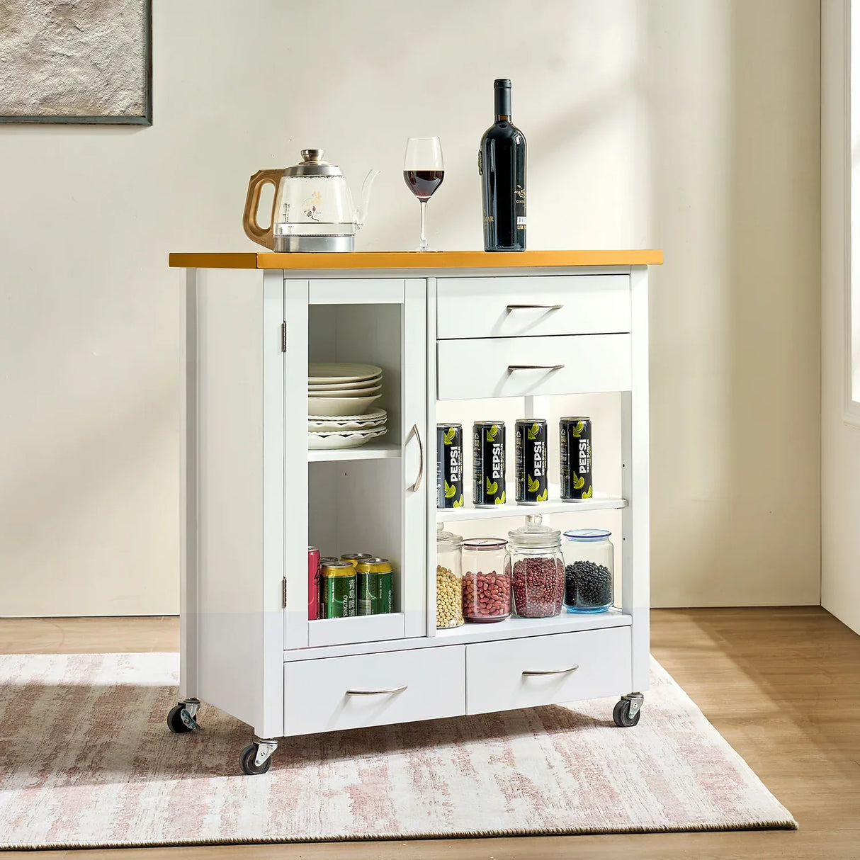 White Rolling Kitchen Island Cart With Drawers And Wheels - Omega Lifestyles