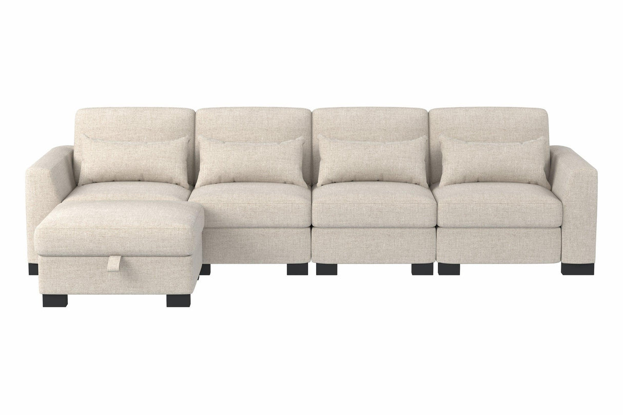 Beige Modular L-Shaped 5-Seat Foam Cushion Sofa With Ottoman - Omega Lifestyles