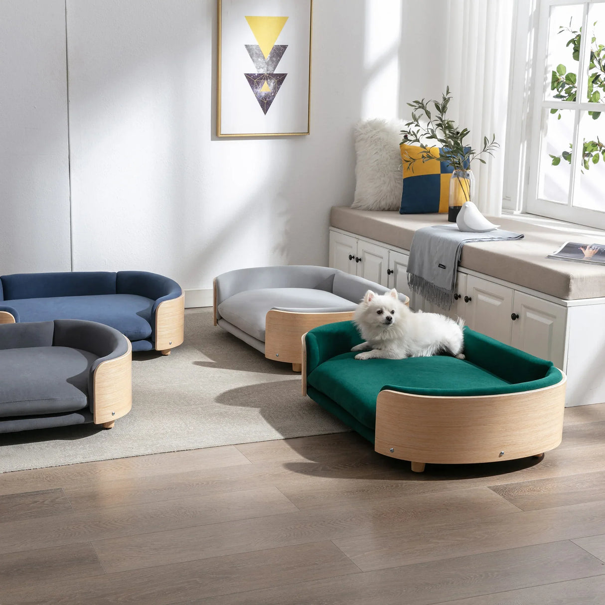 Scandinavian Solid Wood Elevated Pet Sofa Bed With Velvet Cushion - Omega Lifestyles