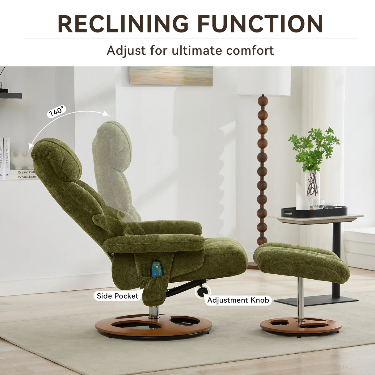 Soft Chenille Recliner Chair With Ottoman And Massage - Omega Lifestyles