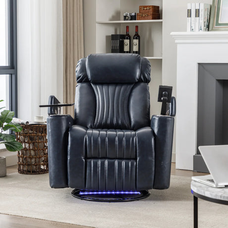 Power Swivel Blue PU Leather Recliner Chair With Tray Table - Omega Lifestyles