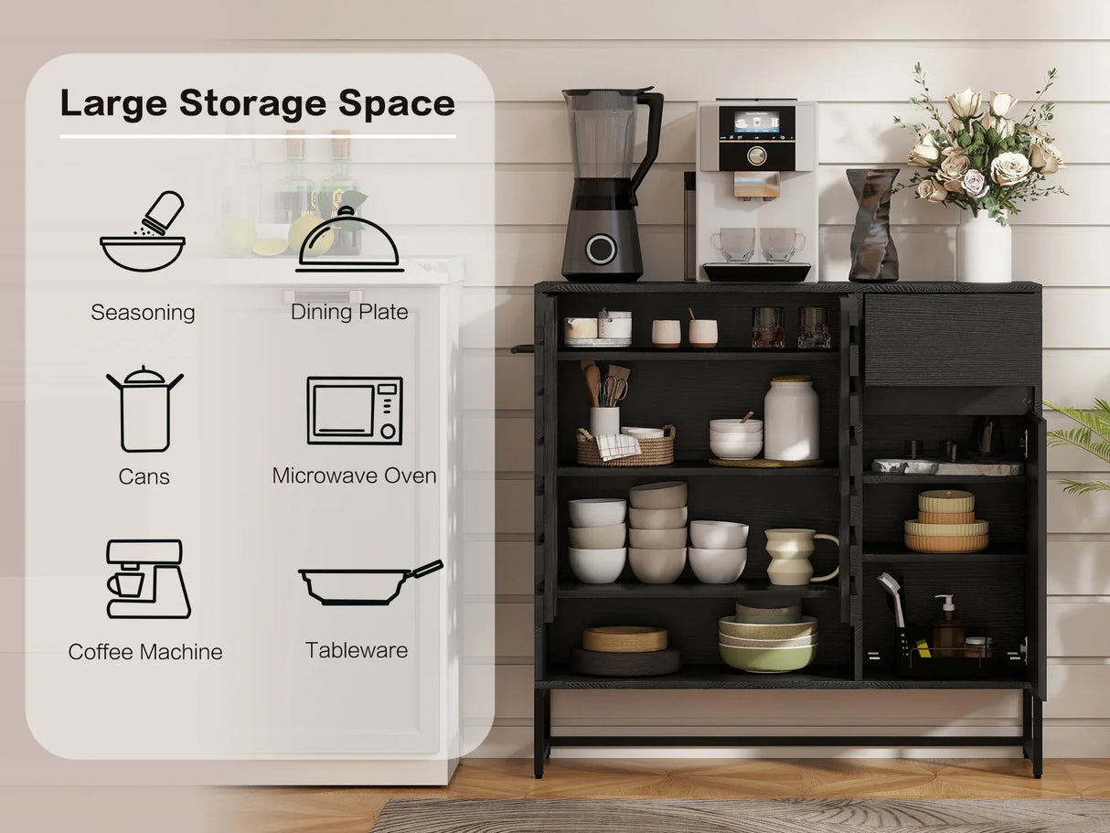 Black Woven Door Buffet Cabinet With Adjustable Storage - Omega Lifestyles