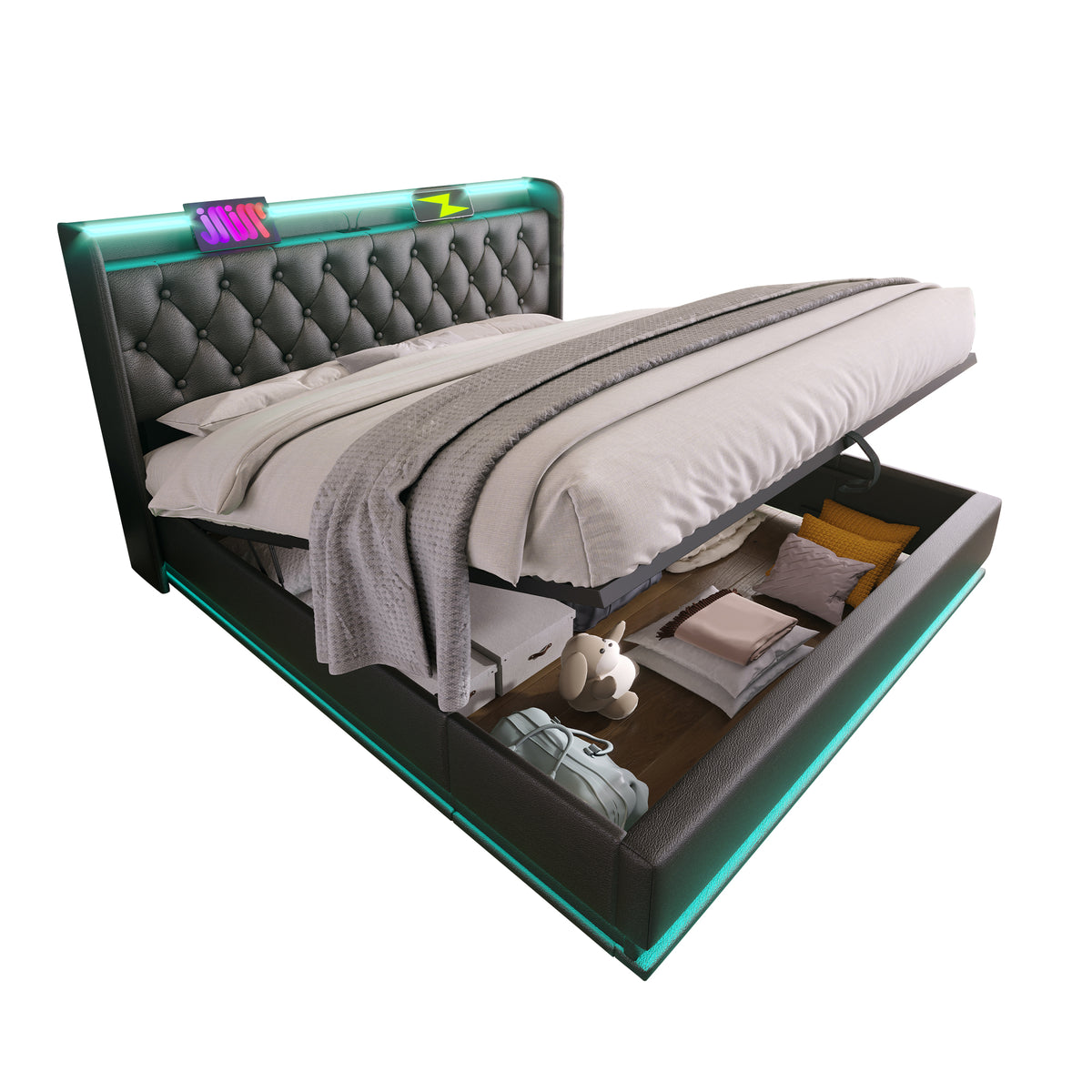 Queen Upholstered Hydraulic Storage Bed With LED Lighting
