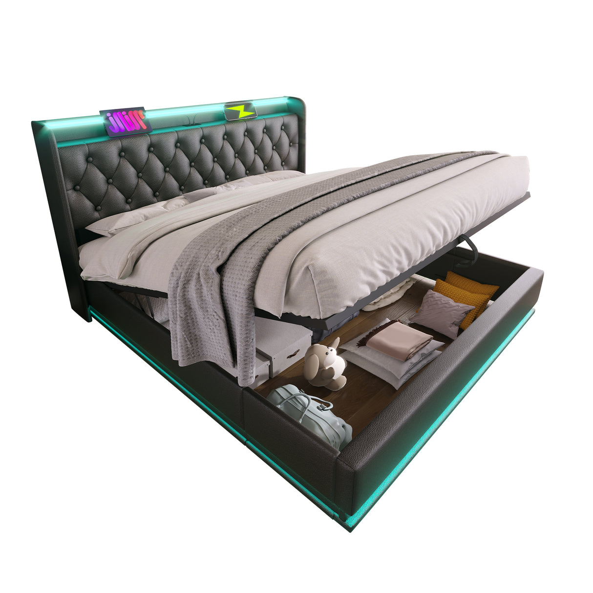 Queen Upholstered Hydraulic Storage Bed With LED Lighting