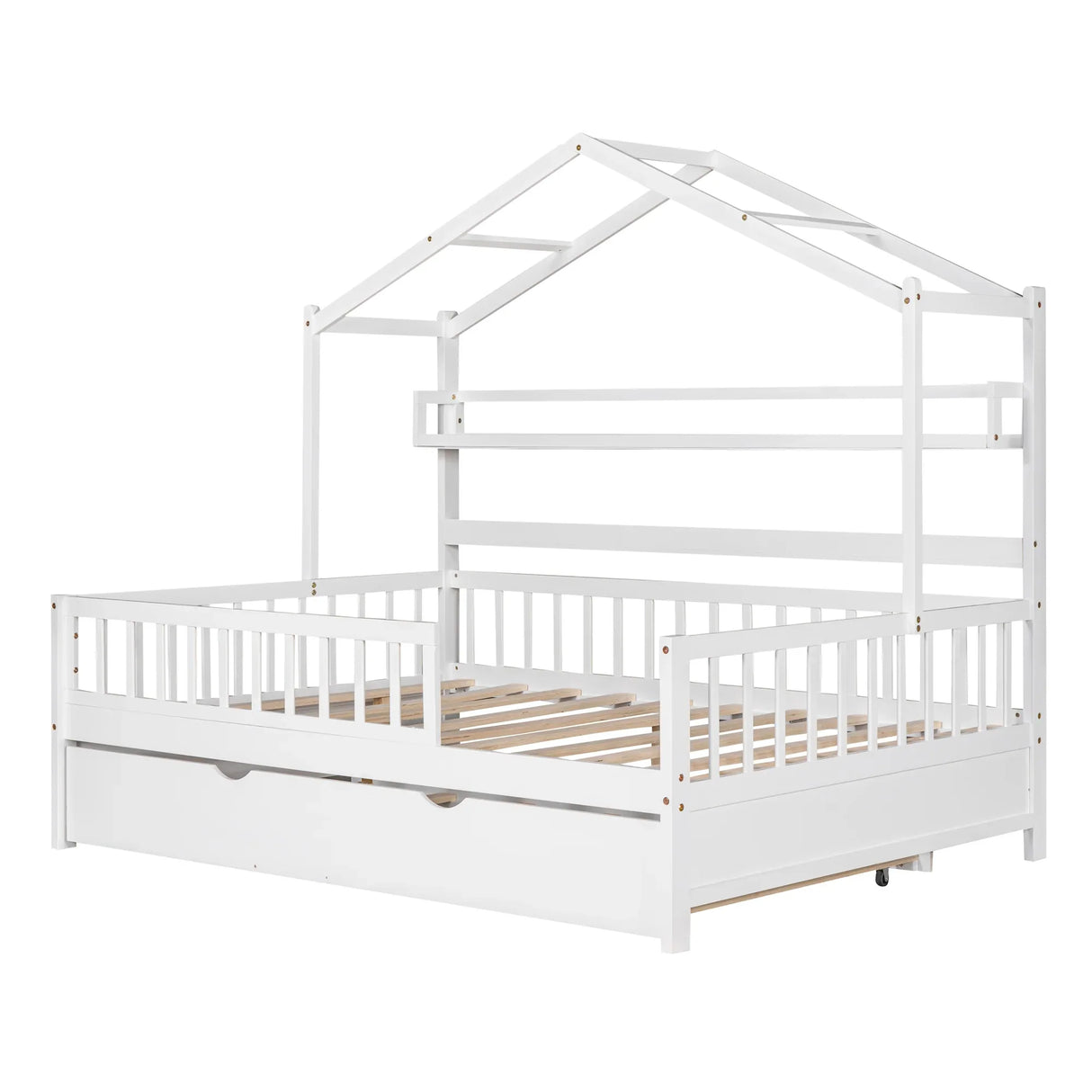 Full Size Wooden House Bed With Twin Trundle And Shelves - Omega Lifestyles