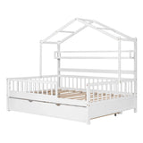 Full Size Wooden House Bed With Twin Trundle And Shelves - Omega Lifestyles