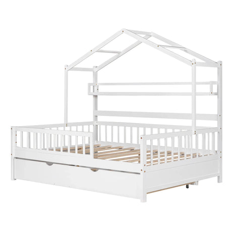 Full Size Wooden House Bed With Twin Trundle And Shelves - Omega Lifestyles