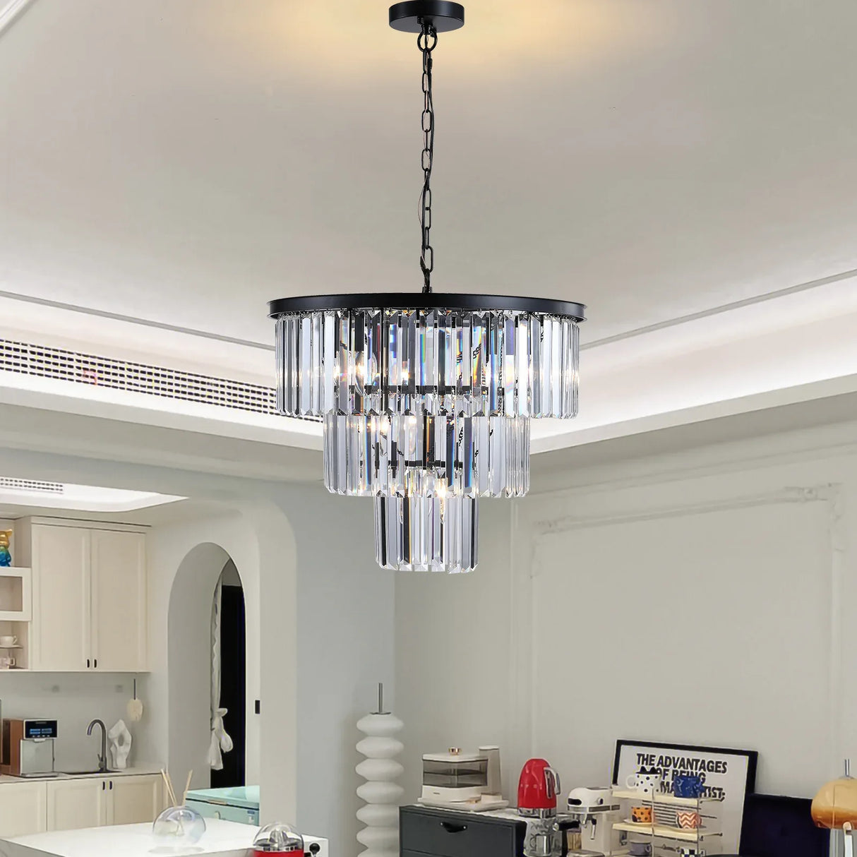 Luxury 3-Tier Crystal Chandelier Black Iron Pendant Light - Omega Lifestyles