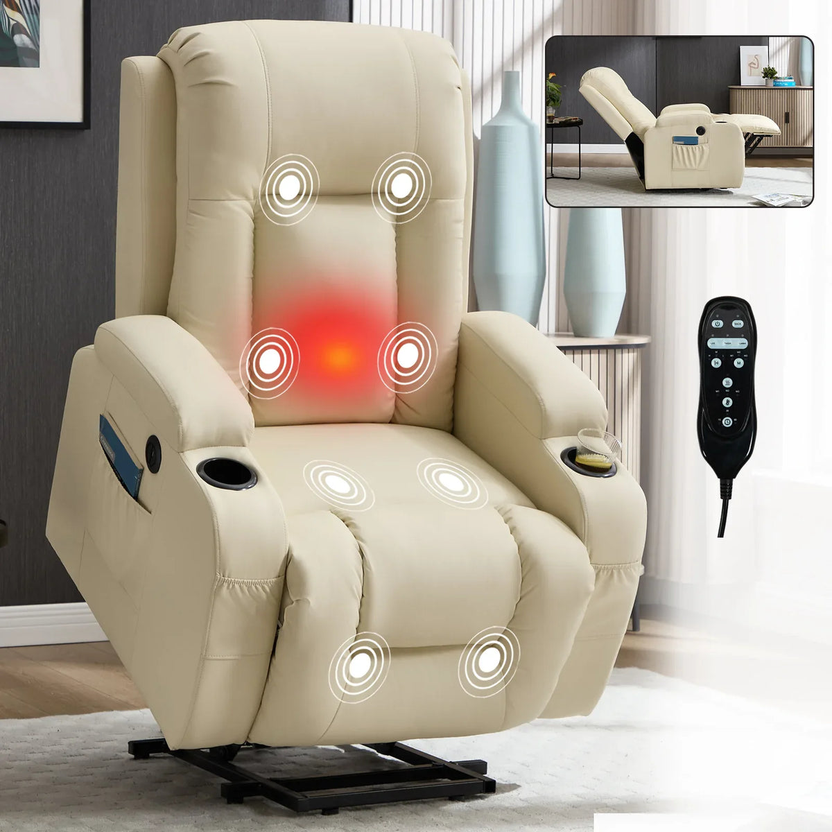 Beige PU Leather Power Lift Massage Recliner Chair - Omega Lifestyles