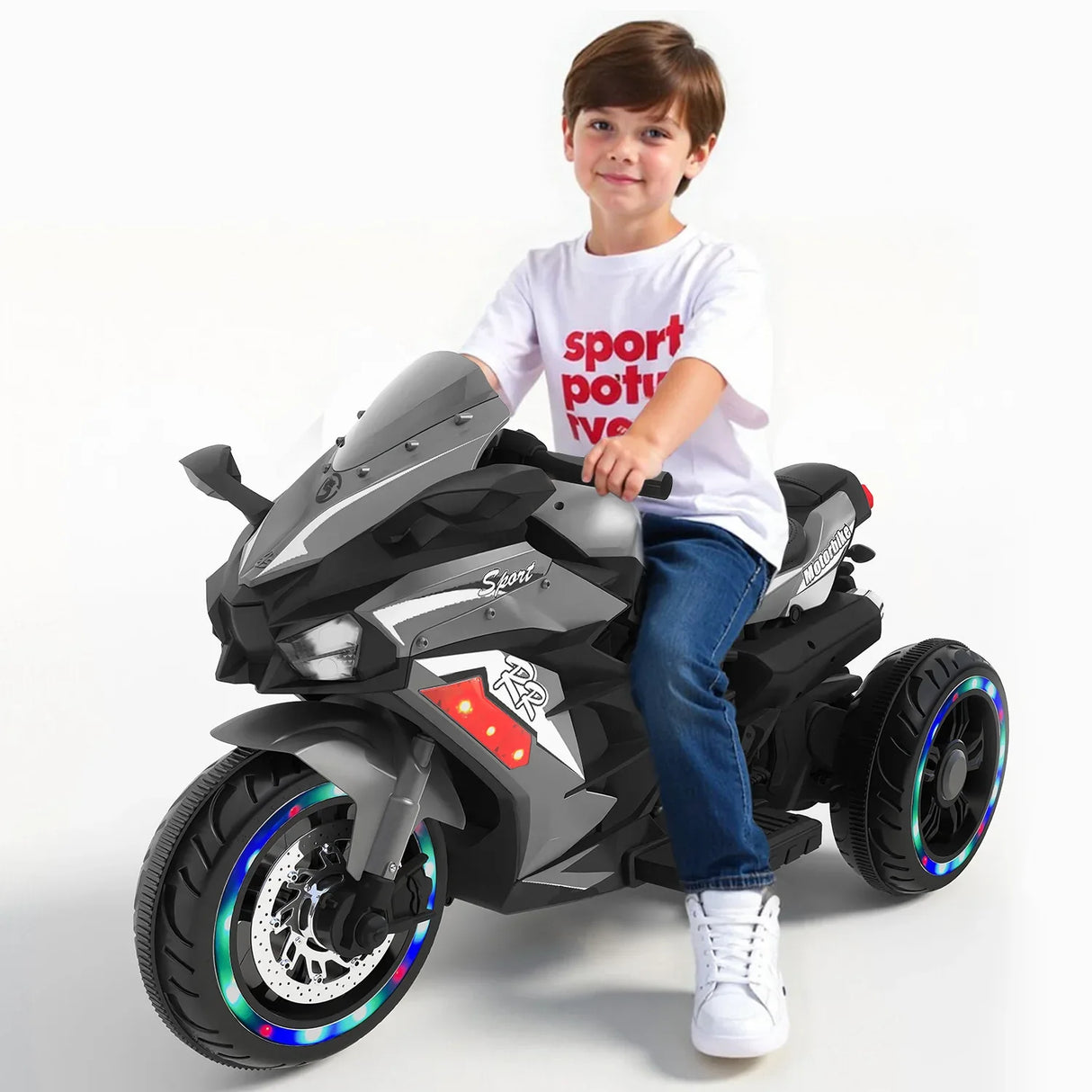 12V Grey Plastic Kids Electric Ride-On Motorcycle - Omega Lifestyles