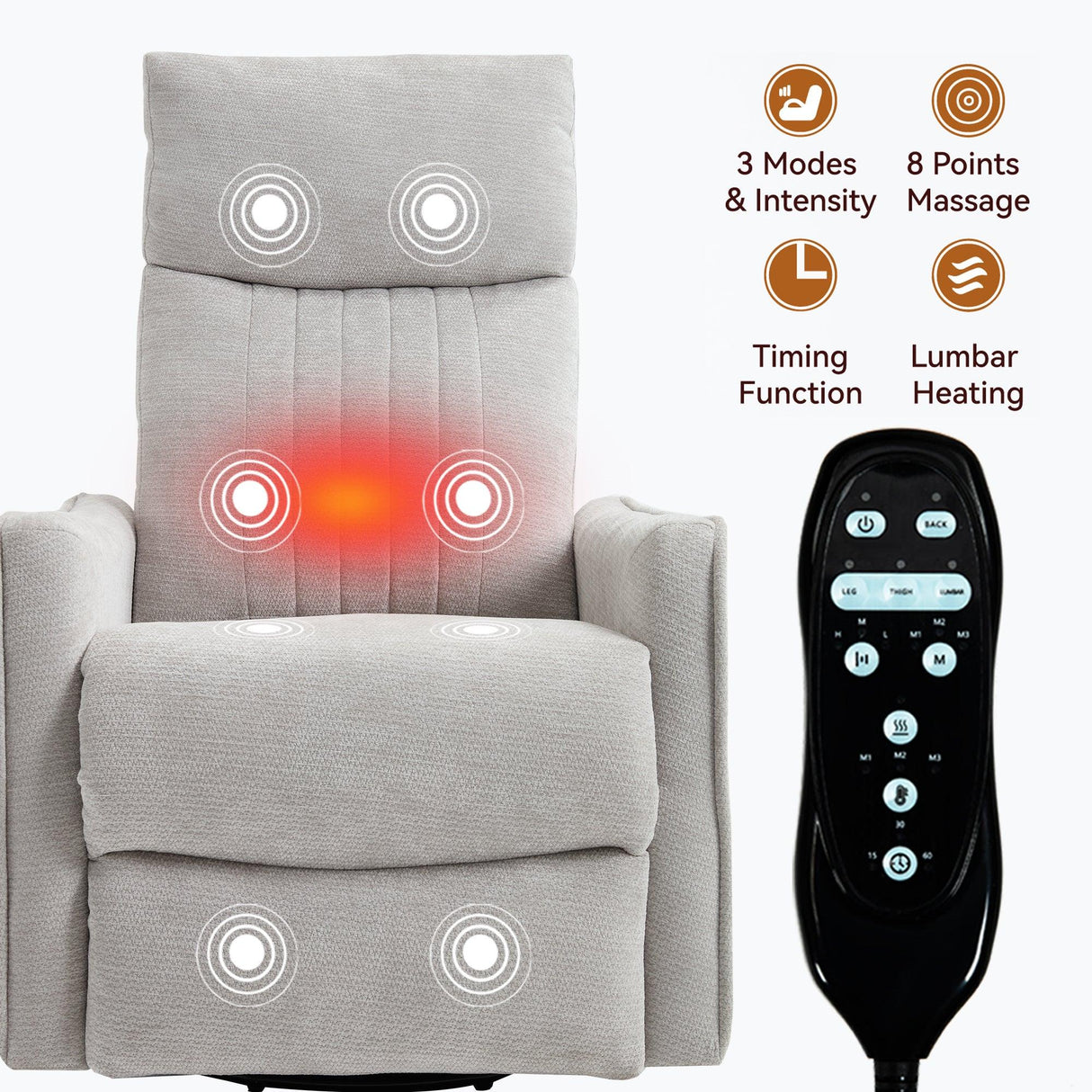 Light Gray Medium-Firm Manual Heat Massage Recliner Chair - Omega Lifestyles
