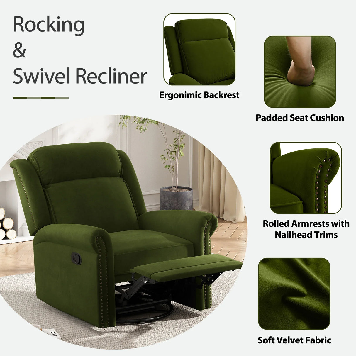 Modern Velvet Adjustable Backrest Swivel Recliner Chair - Omega Lifestyles