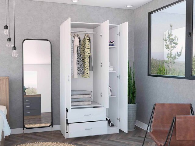 Modern White Particle Board Bedroom Armoire With Shelves Drawers Hanging - Omega Lifestyles