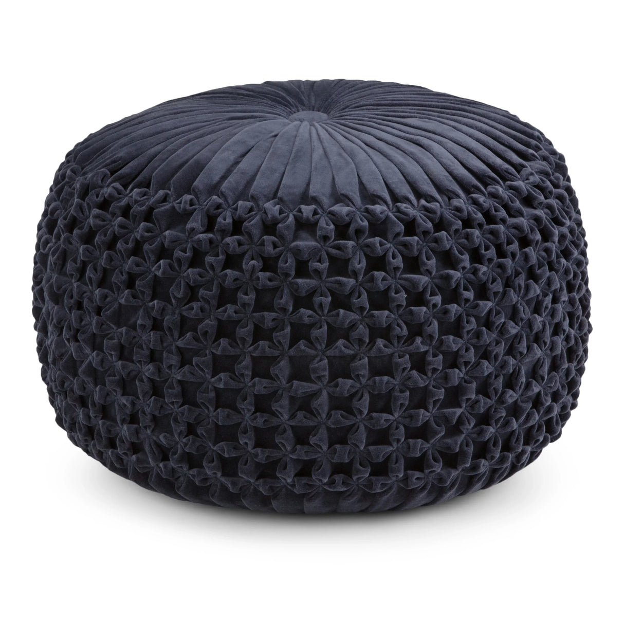 Navy Blue Velvet Round Tufted Pouf Seat - Omega Lifestyles