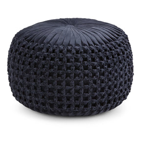 Navy Blue Velvet Round Tufted Pouf Seat - Omega Lifestyles