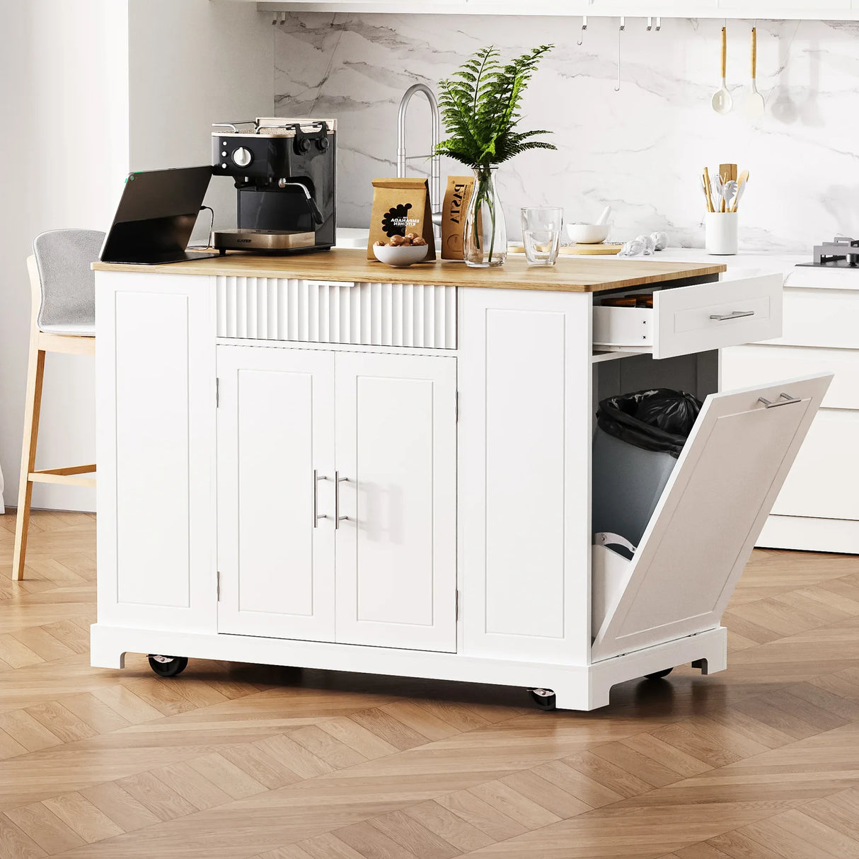 Fluted Rubber Wood Kitchen Island With Tilt-Out Trash Can - Omega Lifestyles