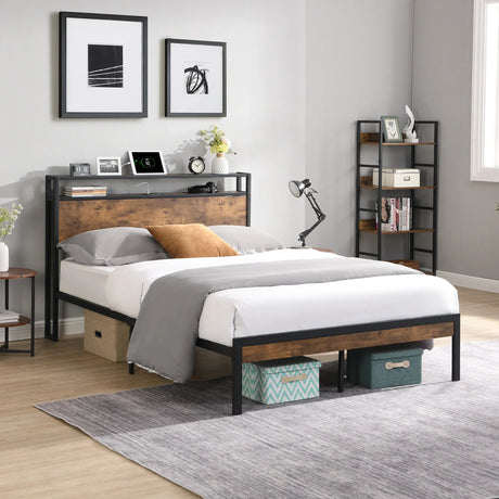 Queen Metal Platform Bed Frame With Wooden Headboard - Omega Lifestyles