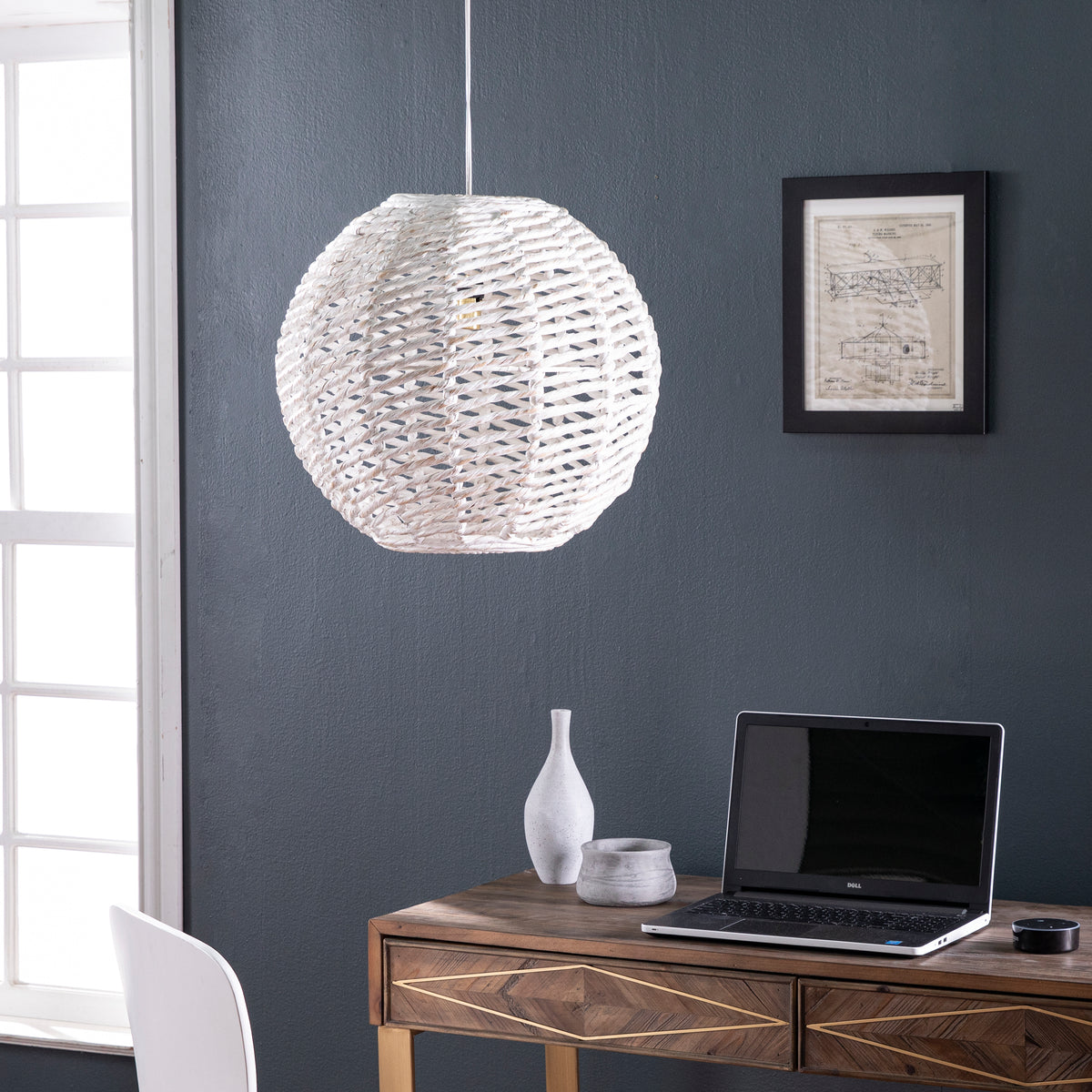 Woven Round White Washed Iron Pendant Shade