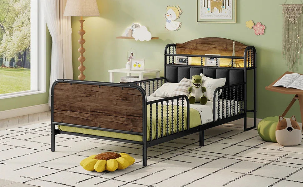 Twin Metal Platform Bed Frame With Upholstered Headboard And LED Light - Omega Lifestyles