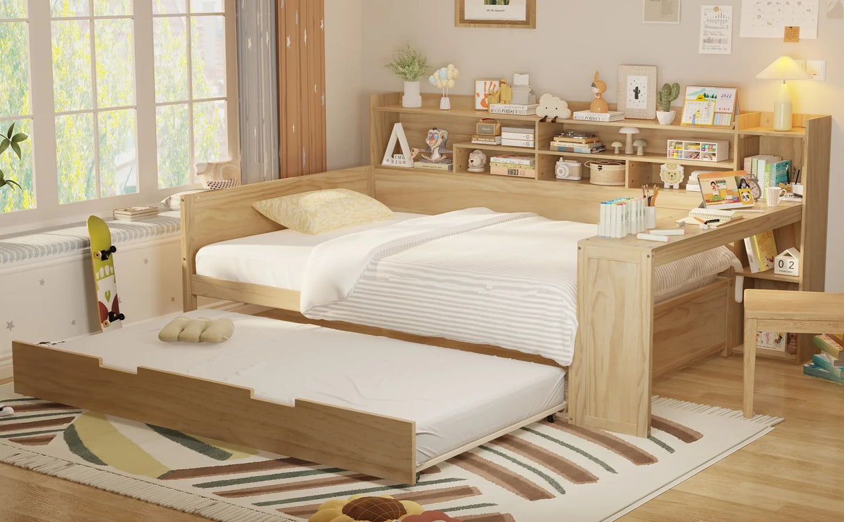 Full Wooden Bed Frame With Trundle Storage And Study Desk - Omega Lifestyles