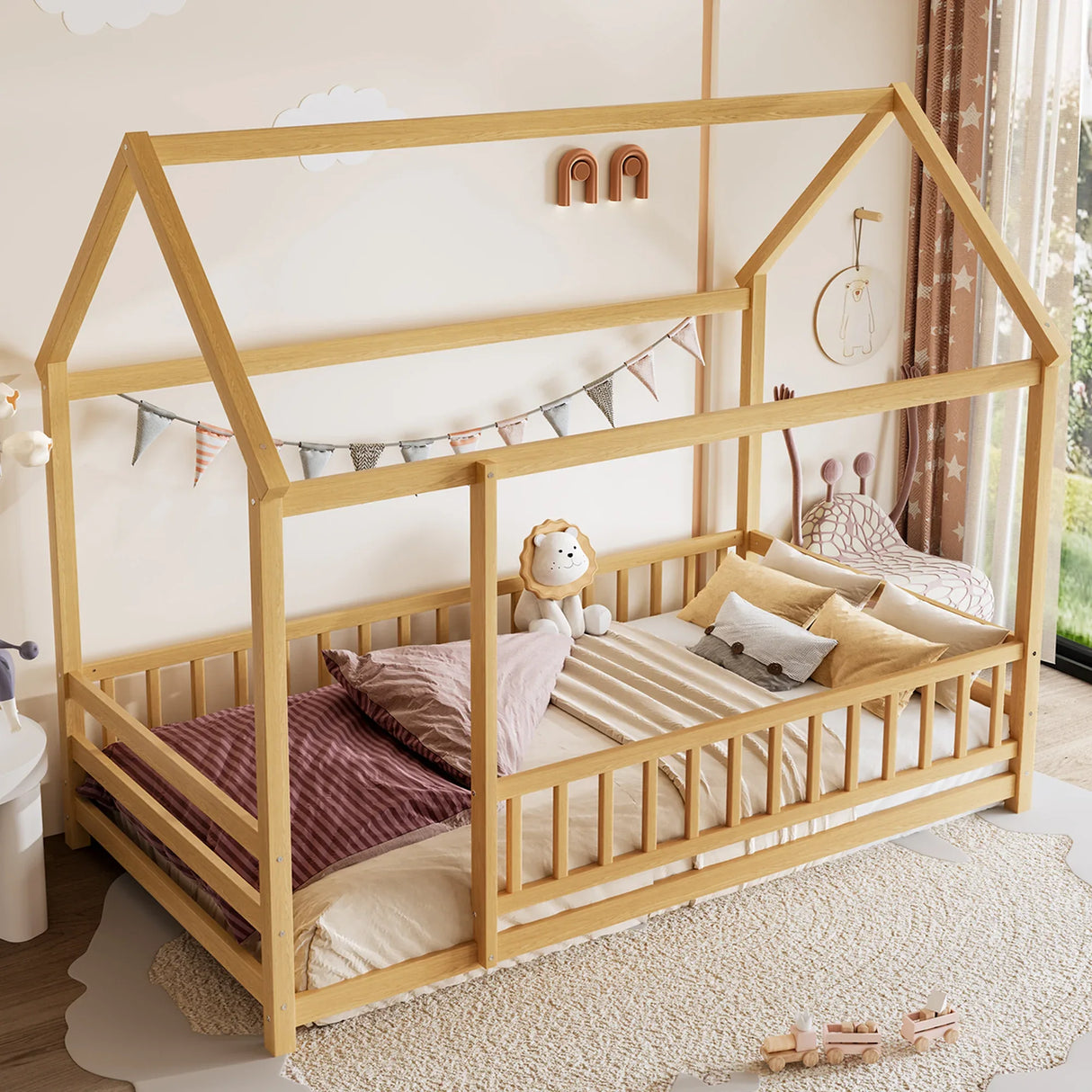 Twin Natural Pine Wood House Frame Floor Bed - Omega Lifestyles
