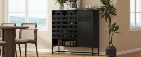 Black Woven Door Buffet Cabinet With Adjustable Storage - Omega Lifestyles