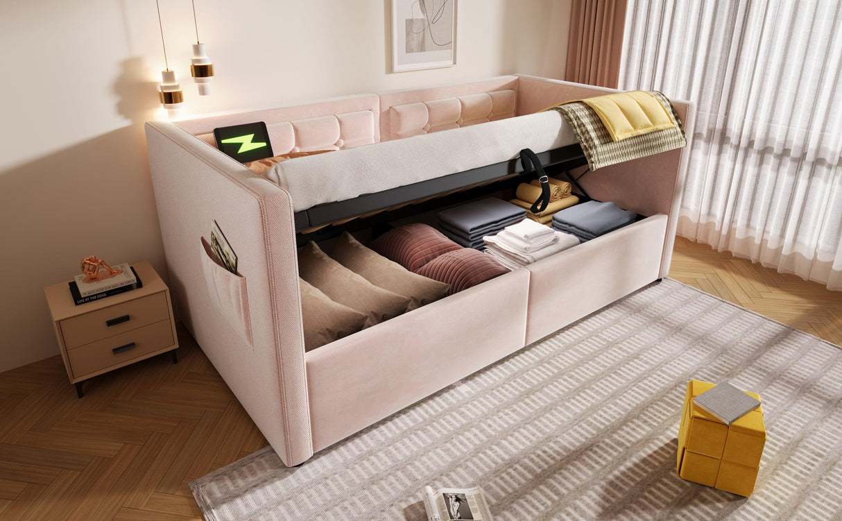 Twin Pink Velvet Upholstered Hydraulic Storage Bed Frame - Omega Lifestyles