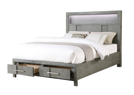 Full Gray Wood Bed Frame With LED Headboard Bookshelf USB - Omega Lifestyles