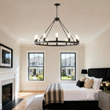 Farmhouse Matte Black Wagon Wheel 12-Light Chandelier - Omega Lifestyles