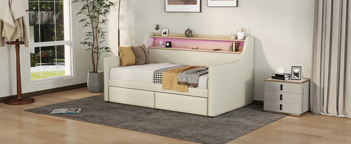Twin PU Leather Daybed With Storage Drawers Charging Station - Omega Lifestyles