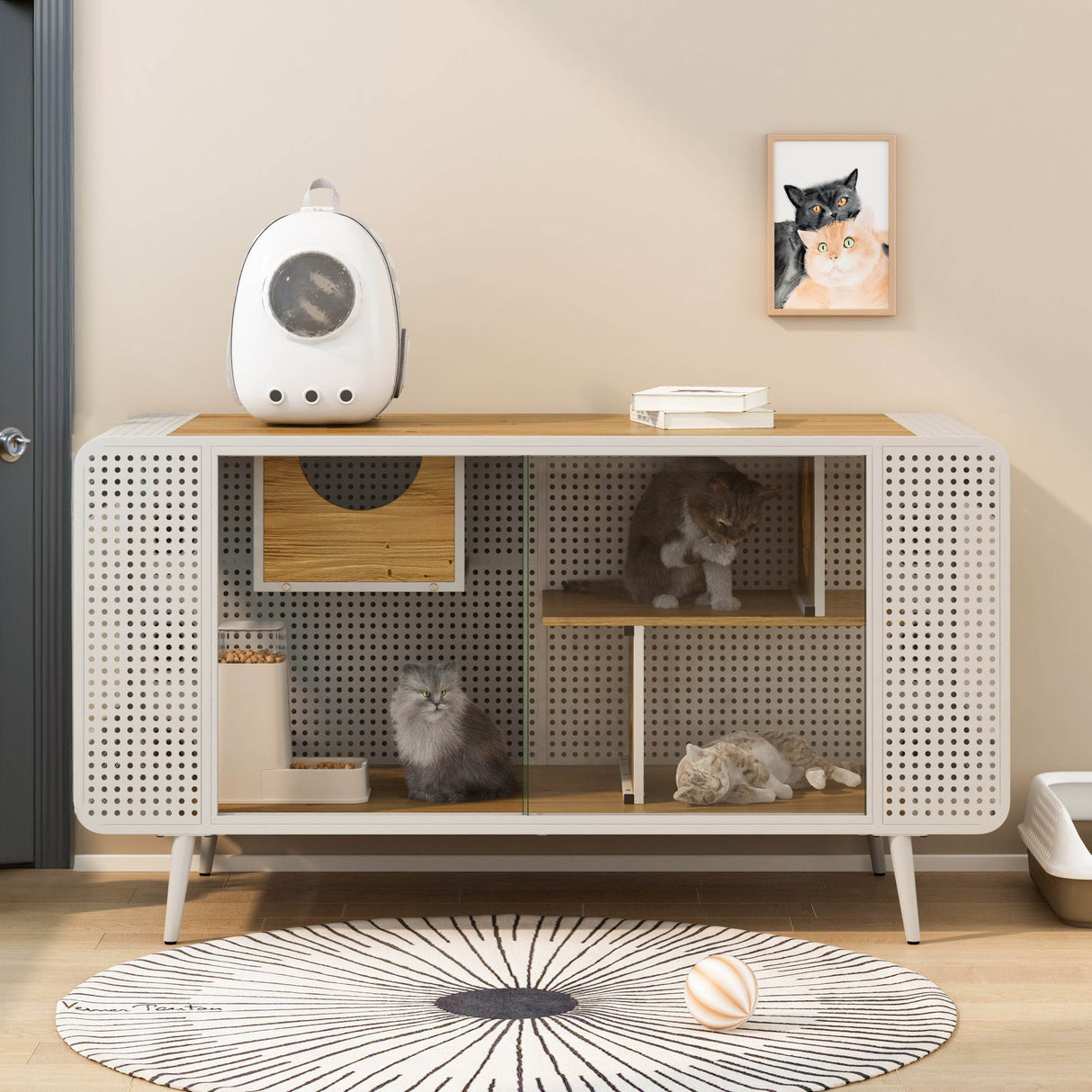 Spacious Fir Wood Iron Frame Tempered Glass Cat House - Sleep Galleria