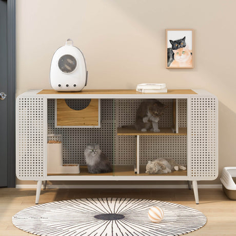 Spacious Fir Wood Iron Frame Tempered Glass Cat House - Sleep Galleria