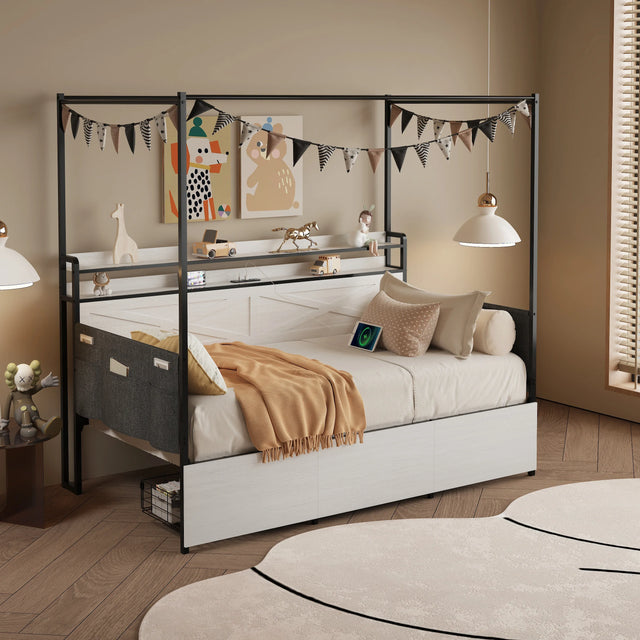 Twin Daybed Frame With 3 Storage Drawers LED Charging Station - Omega Lifestyles