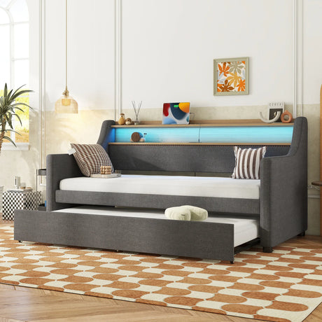 Twin Linen Upholstered Daybed With Trundle Charging Station - Omega Lifestyles