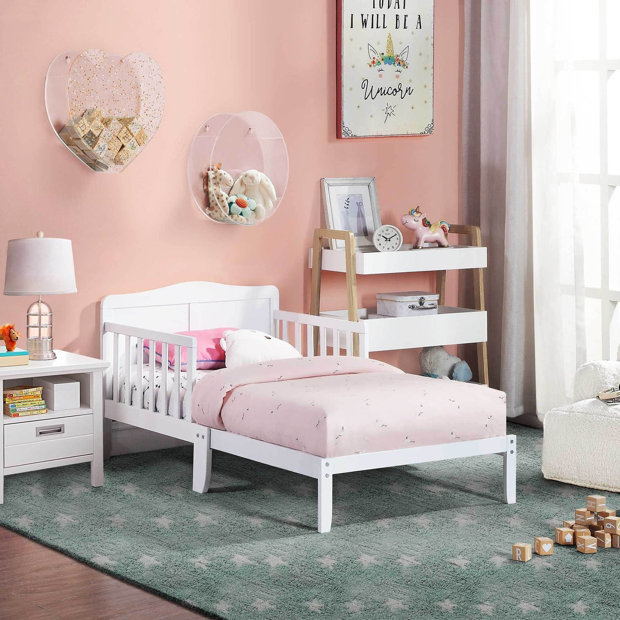 Solid Wood White Toddler Bed With Safety Rails