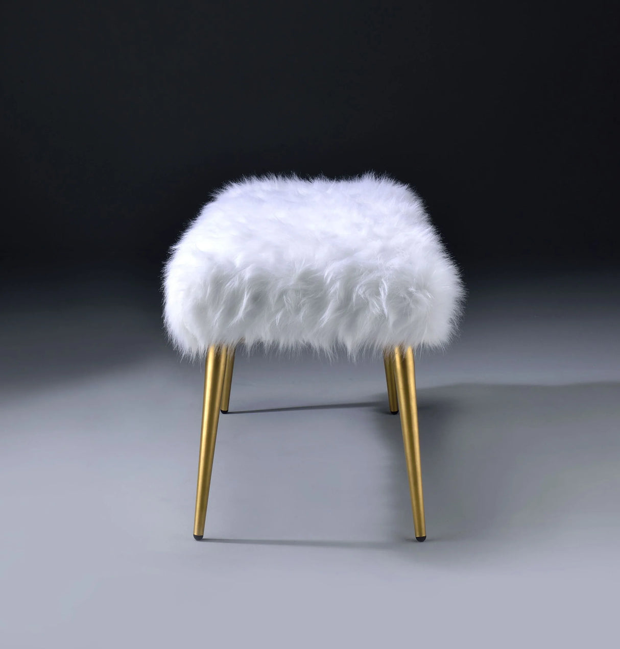 White Faux Fur Armless Backless Gold Finish Bench - Omega Lifestyles