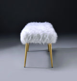 White Faux Fur Armless Backless Gold Finish Bench - Omega Lifestyles