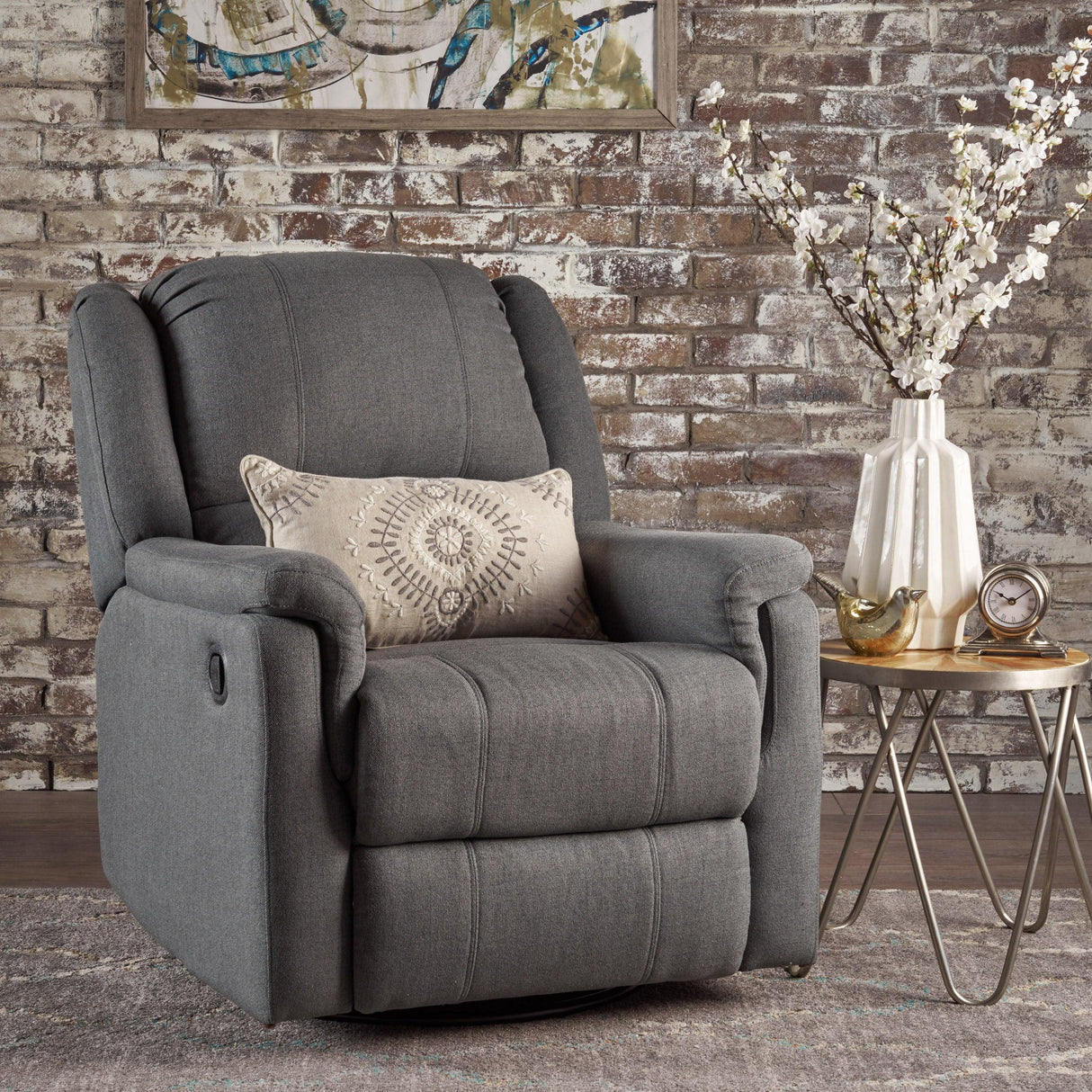 Charcoal Fabric Glider Recliner With Swivel And Manual Recline - Omega Lifestyles