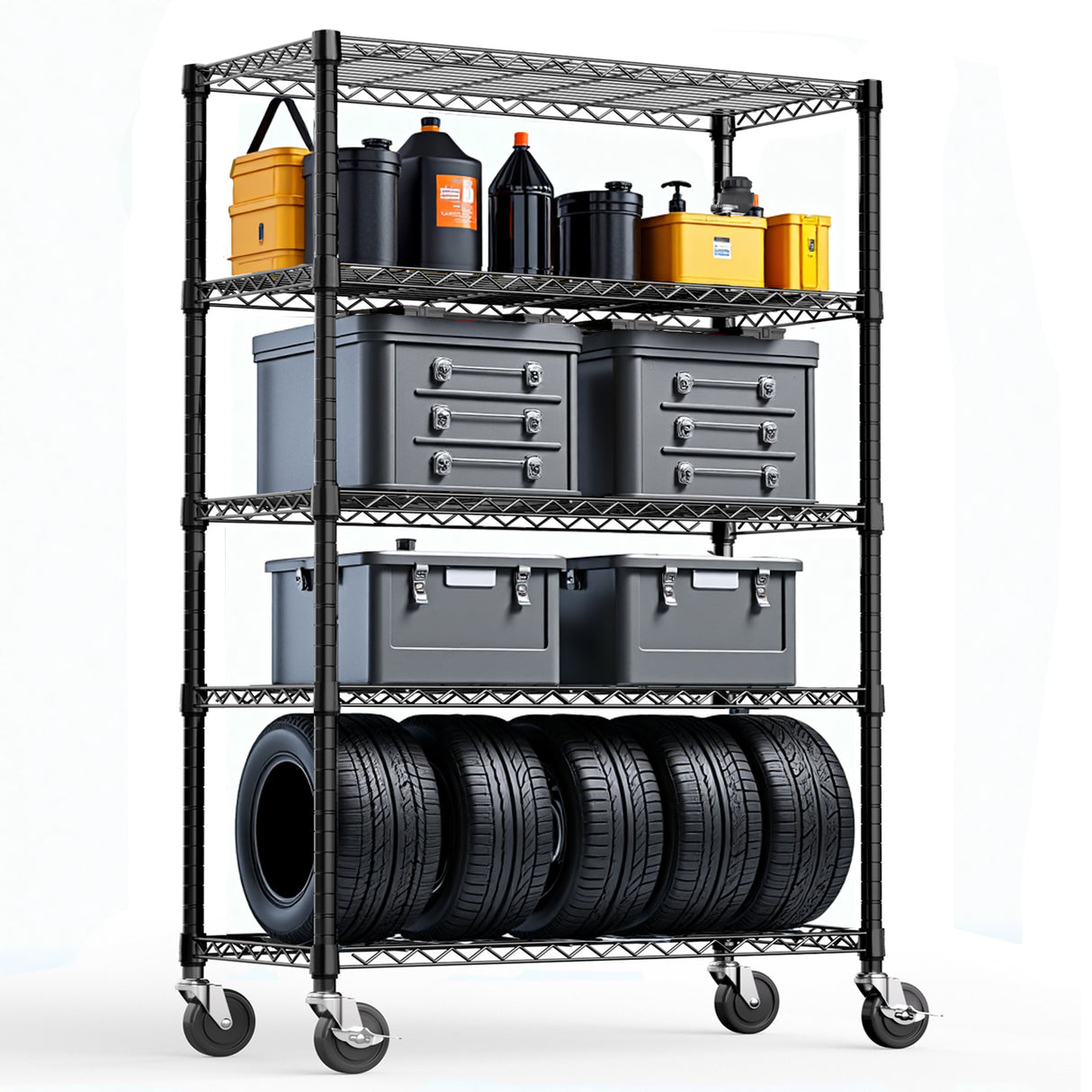 5-Tier Adjustable Carbon Steel Storage Shelving Unit With Wheels