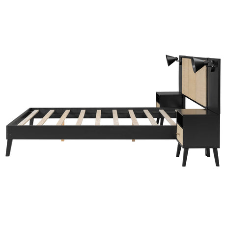 Queen Solid Wood Platform Bed Frame With Nightstands And Lamps - Omega Lifestyles